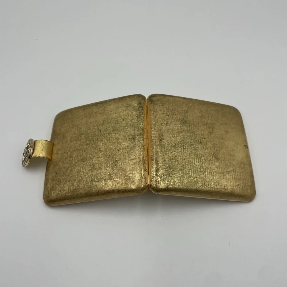 Vintage Gold Tone Metal Rhinestone Clasp Mirror Powder Compact Box Avon Imperial